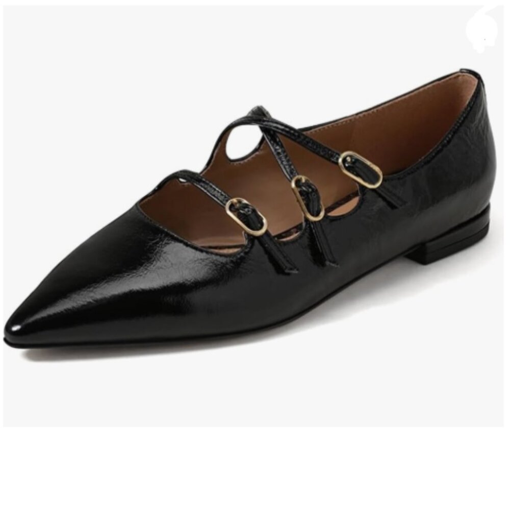 Wo Wagas Black Pointed Toe Mary Jane Cross Strap Buckle Low Heel Shoes for Party